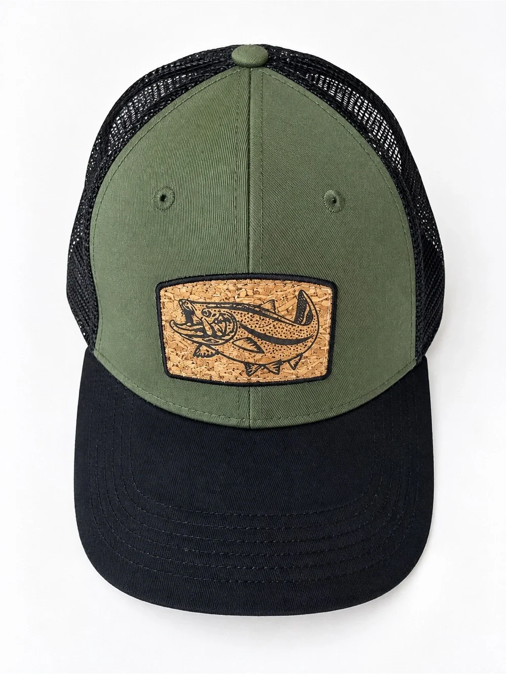 George Trout Fish Cork Patch Trucker Hat Green Black Mesh One Size